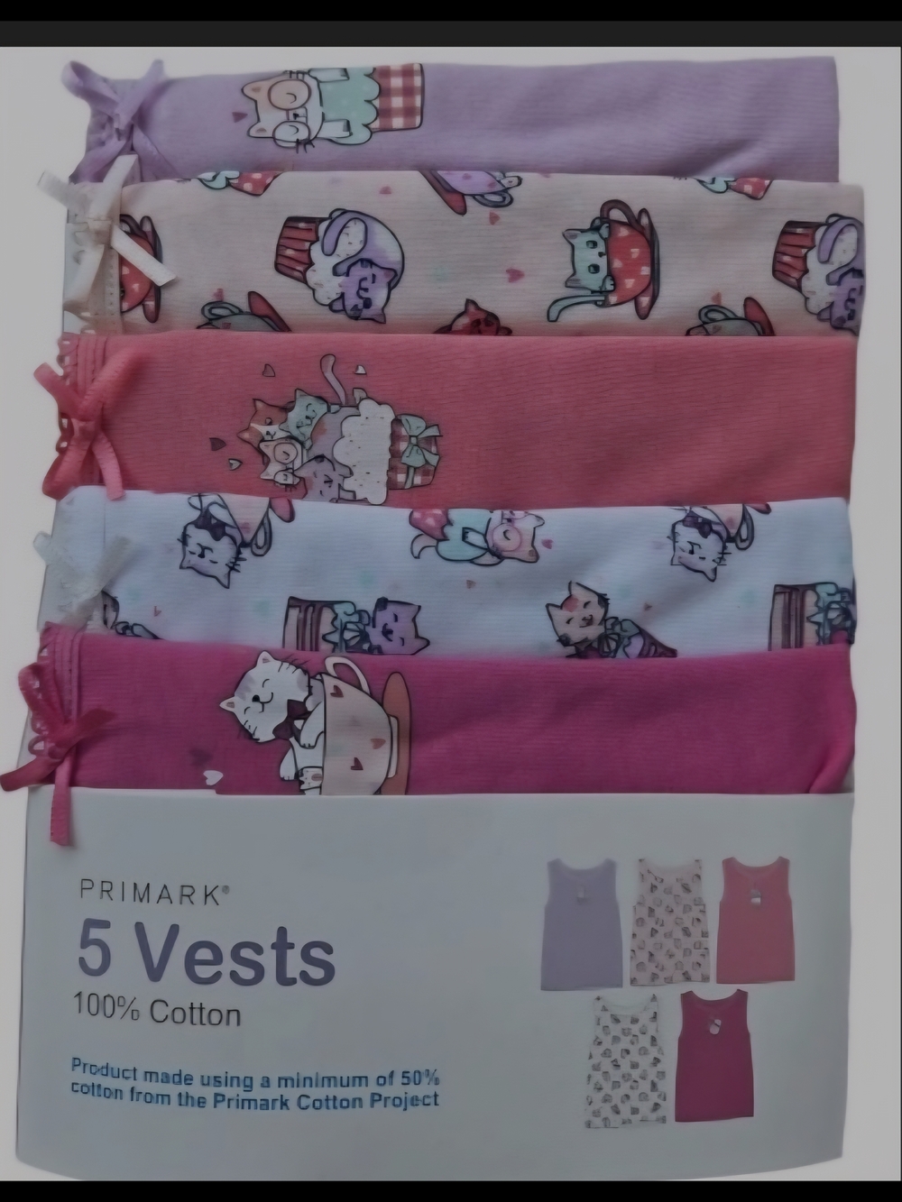 Primark 5-Pack Girls Cotton Vests - Pastel Pink & Purple Mix NWT SIZE 6 7